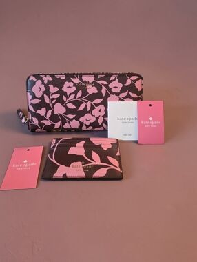 NWT kate spade Black and Pink Floral Zip Wallet with Card Holder SET